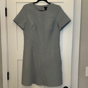 Gray knee-length sheath dress with short sleeves and crew neck for work